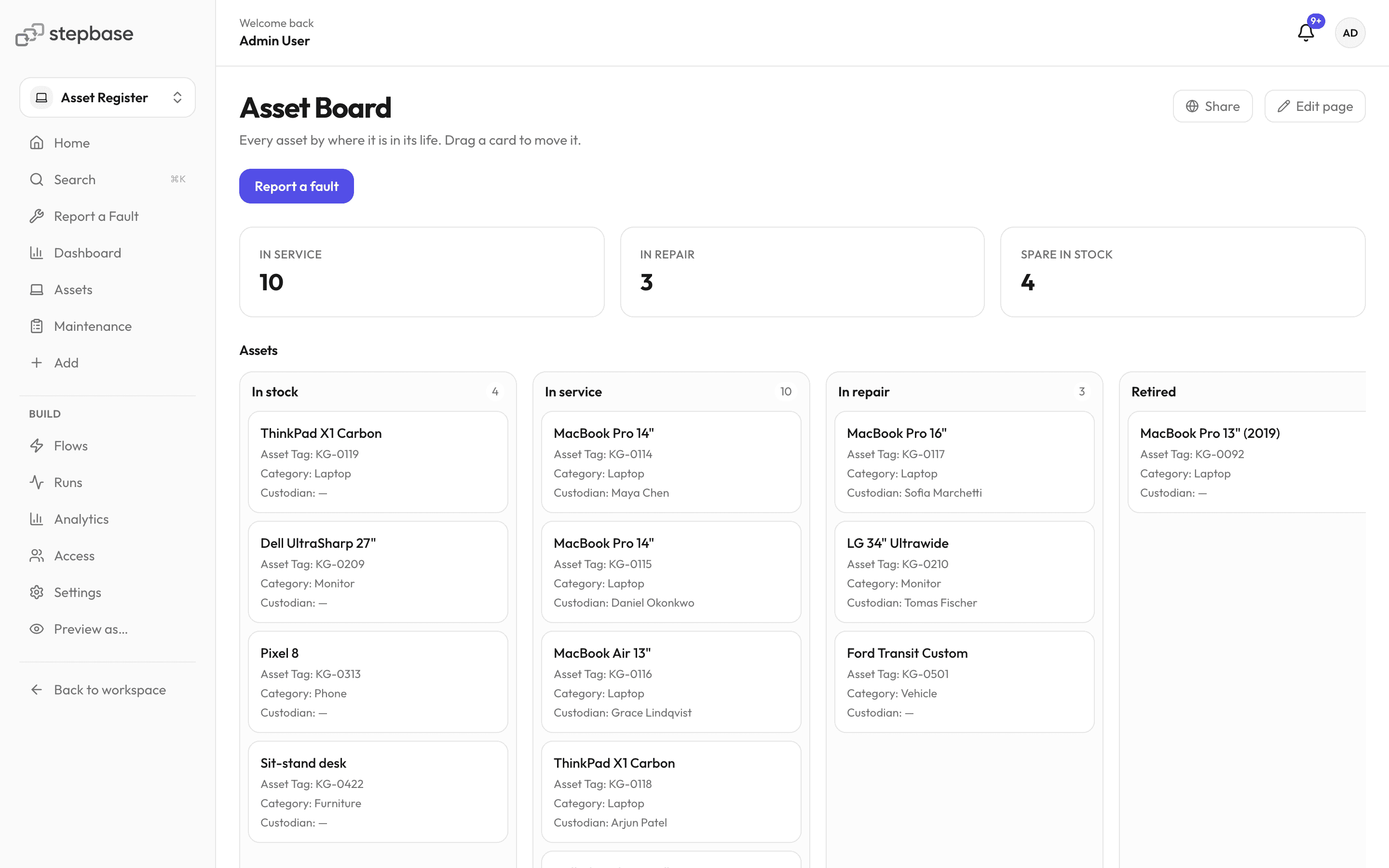 An app home page with its sidebar, a board and metric tiles