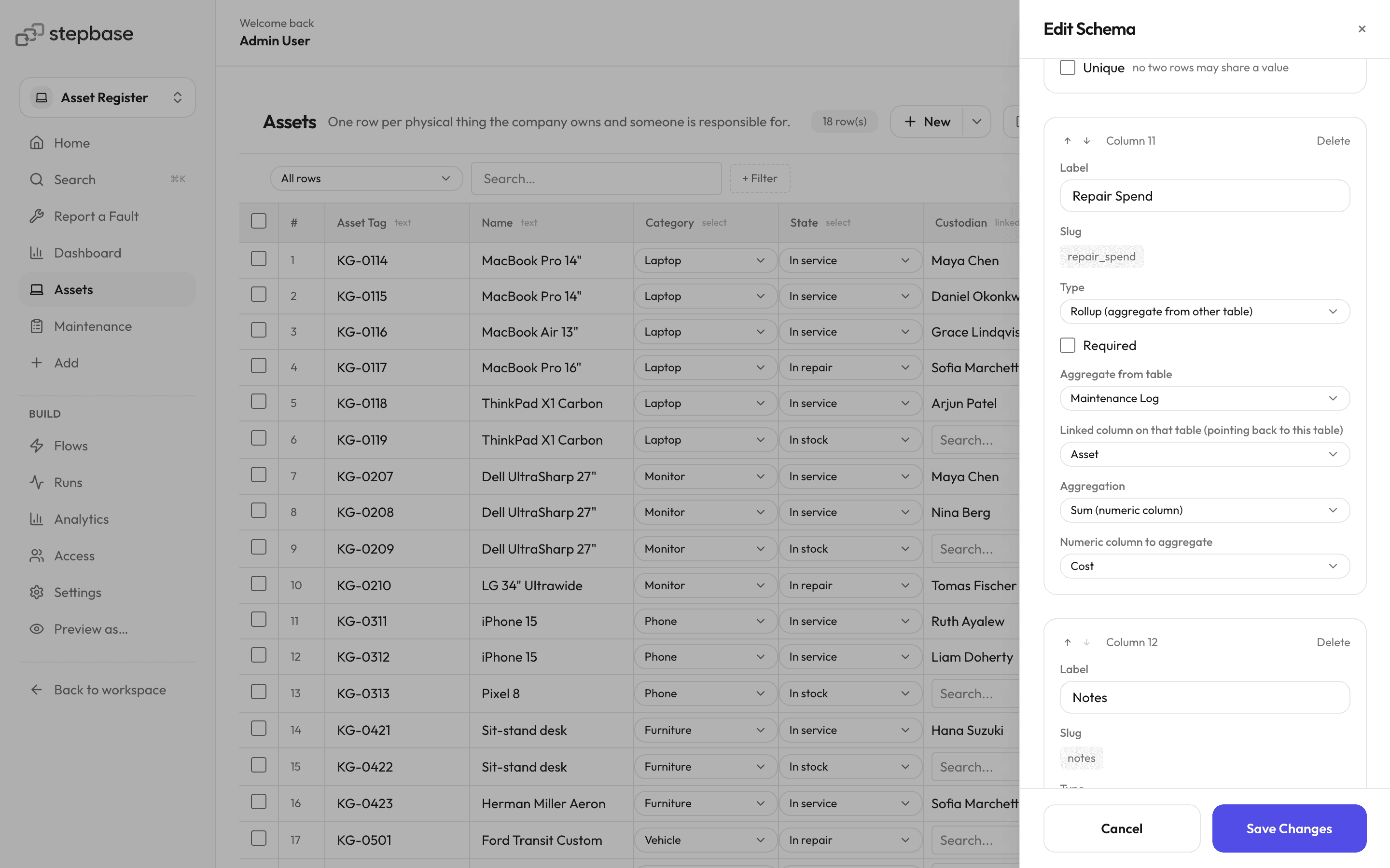 A stepbase table with its column editor open, showing a linked record and a rollup