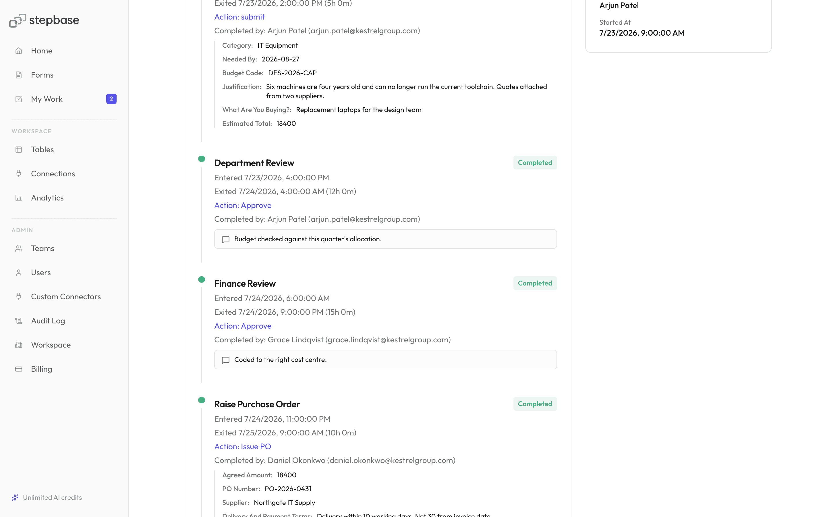 An instance detail view with its full audit trail