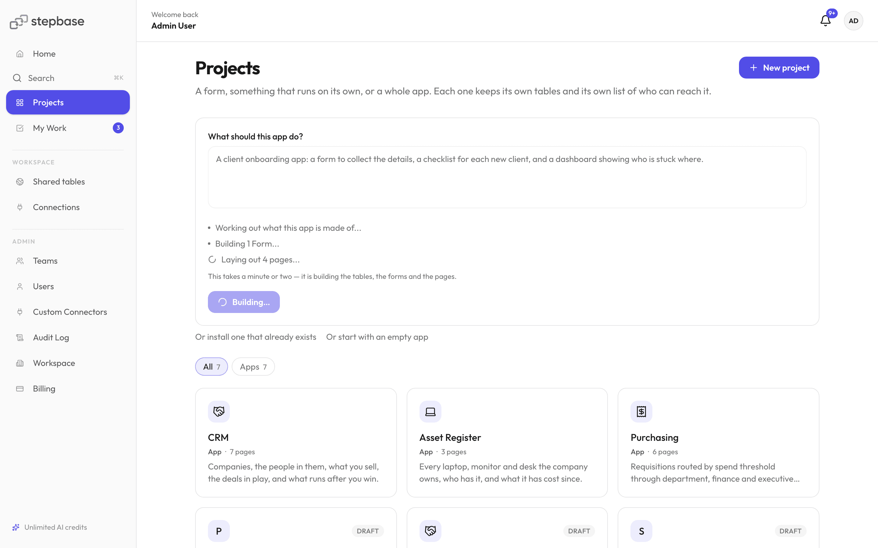 One sentence describing a client onboarding app, with the Form and pages being built underneath it